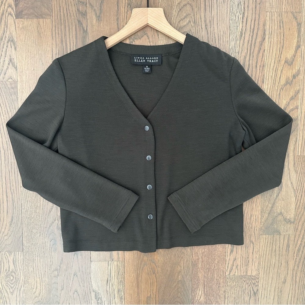 Vintage Linda Allard Ellen Tracy Wool Snap Front V-neck Cardigan Brown Size 8/M